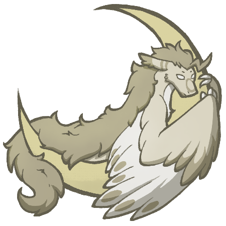 Lux who is fluffy pale yellow wyvern dragon holding onto a crescent moon with his feathered wings. He is staring off in the distance with a neutral expression.