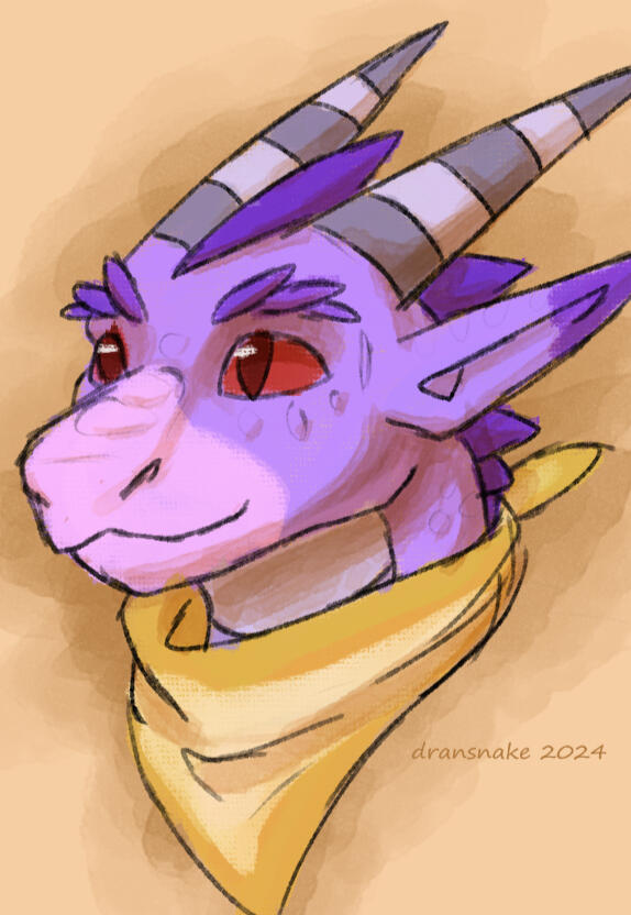 A bust drawing of dransnake, a purple dragon with red eyes, smooth scales, straight horns, back spines, spike eyebrow ridges, and triangle ears. She is wearing a bandana.