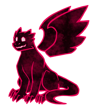 A full body drawing of Nox with his old design, which is a western dragon with shifting pink-black void scales, floating wings, and a bright pink outline. He is sitting down and smiling.