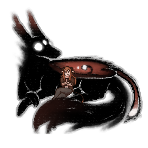 Mori is a canine-like creature with moth wings and is laying down in a half loaf pose. Hayden is a humanoid with long ginger hair, ram horns, and a slender tail. They are sitting on Mori's leg and leaning back with their arms folded.